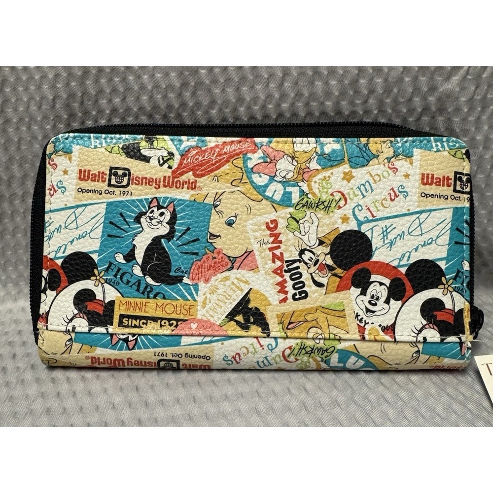 Disney Parks Mickey Mouse Colorful Collage, Retro Wallet, Multi Compartments NWT
